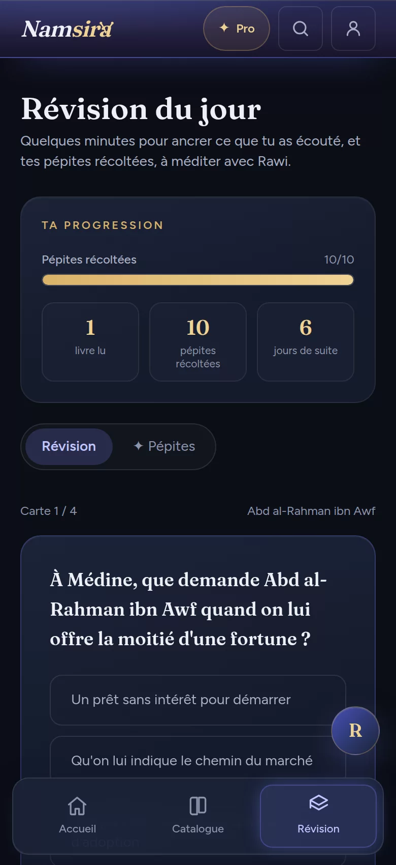 La révision du jour dans l'app Namsira : pépites, quiz et série de jours